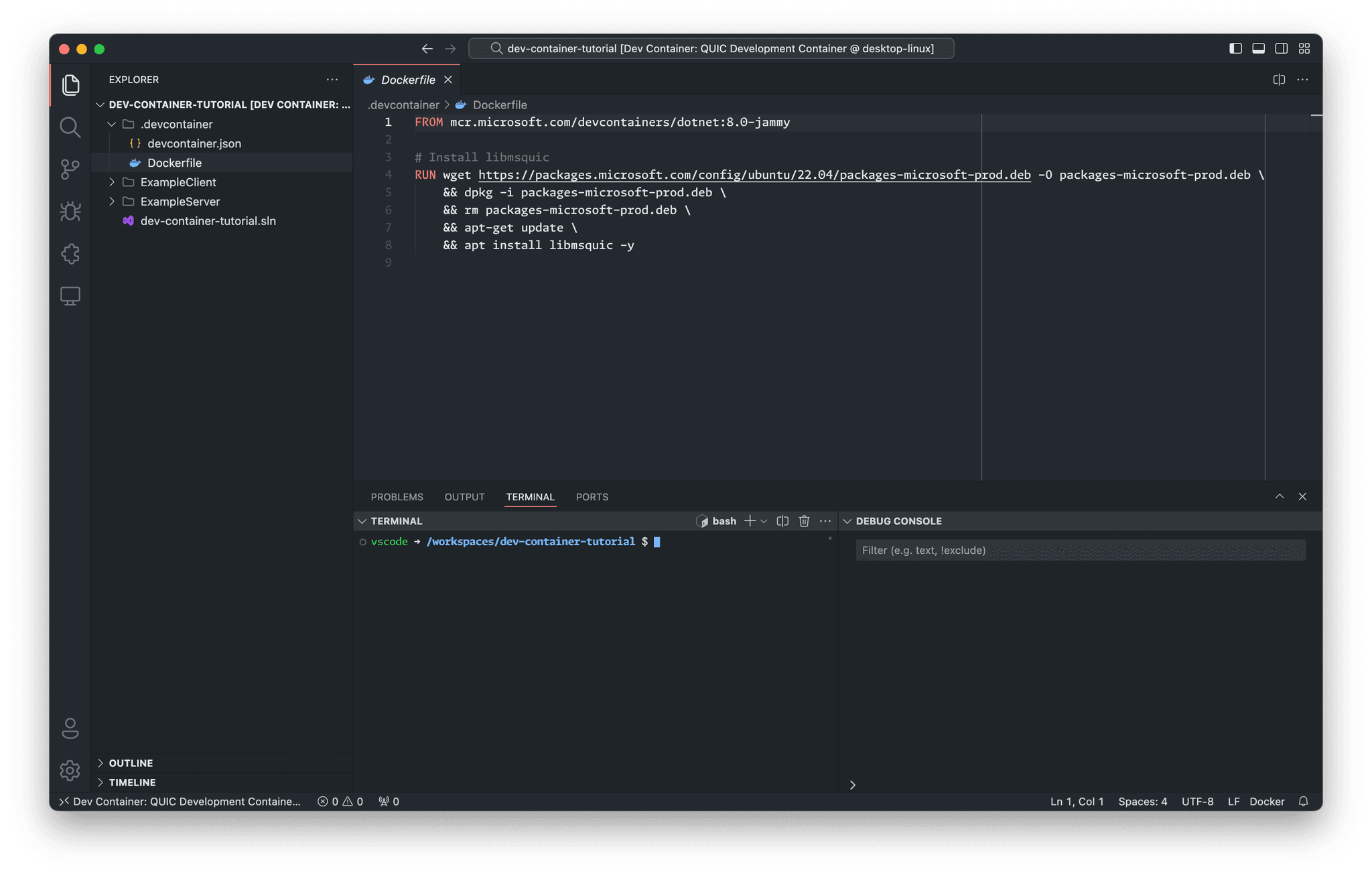 VS Code window with active dev container